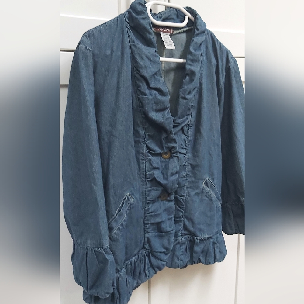XCVI Denim Blue Ruffled Blazer